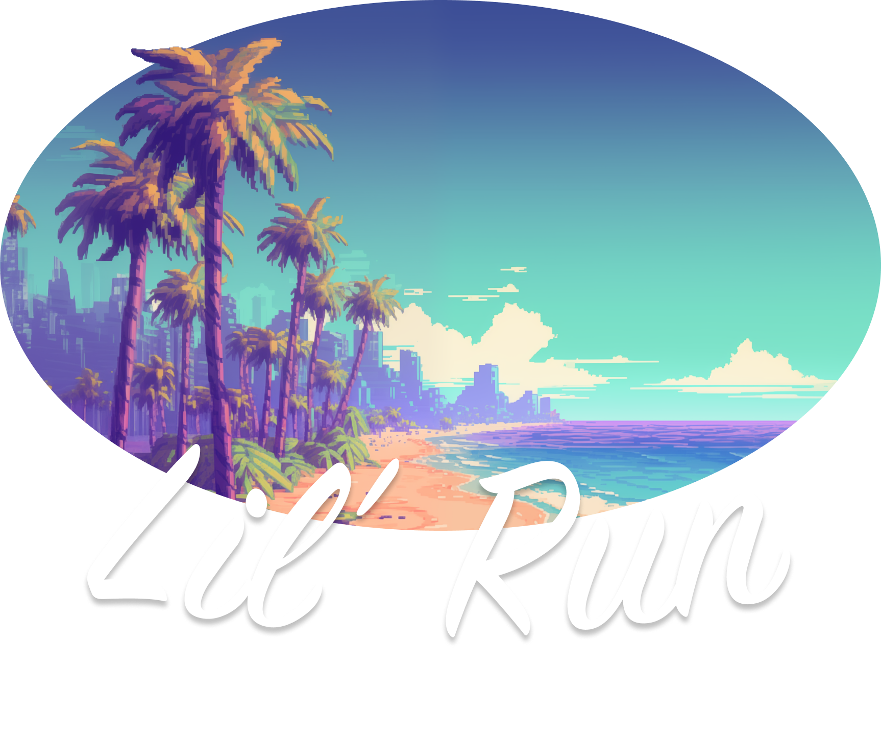 
The image is a circular logo with the words "Lil' Run" in a white cursive font with a black outline, set against a retro-style beach scene with palm trees, pastel-colored skyscrapers, and a teal sky, evoking an 80s aesthetic.
